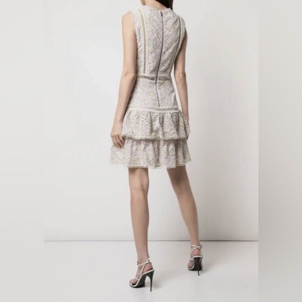 ALICE + OLIVIA Tonie Floral Lace Eyelet Tiered Ruffle Mini Sleeveless Dress - Picture 9 of 12